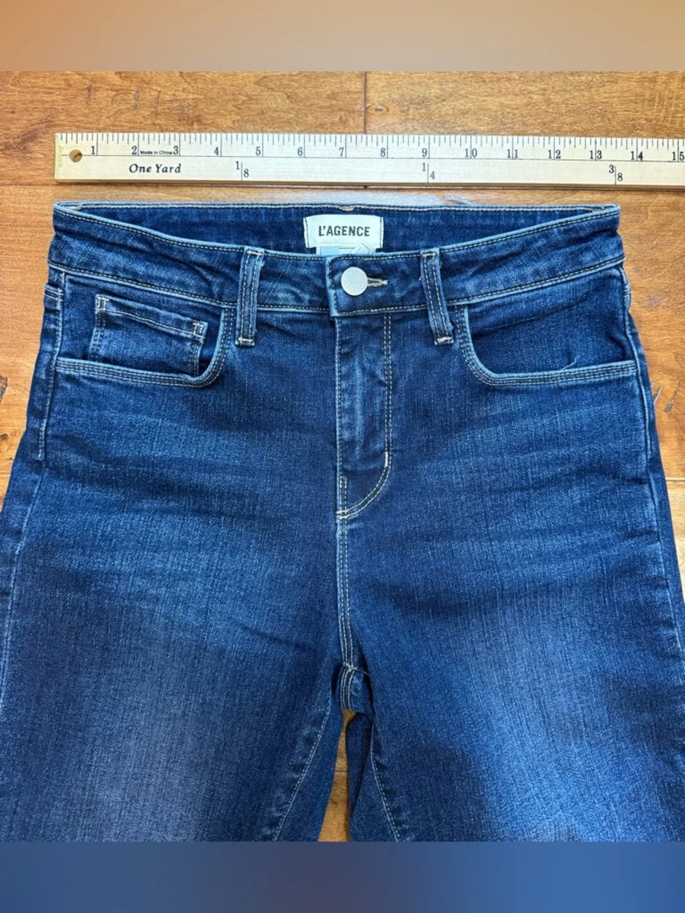 L’AGENCE Ruth High Rise Straight Jeans Raw Hem Dark Wash 26